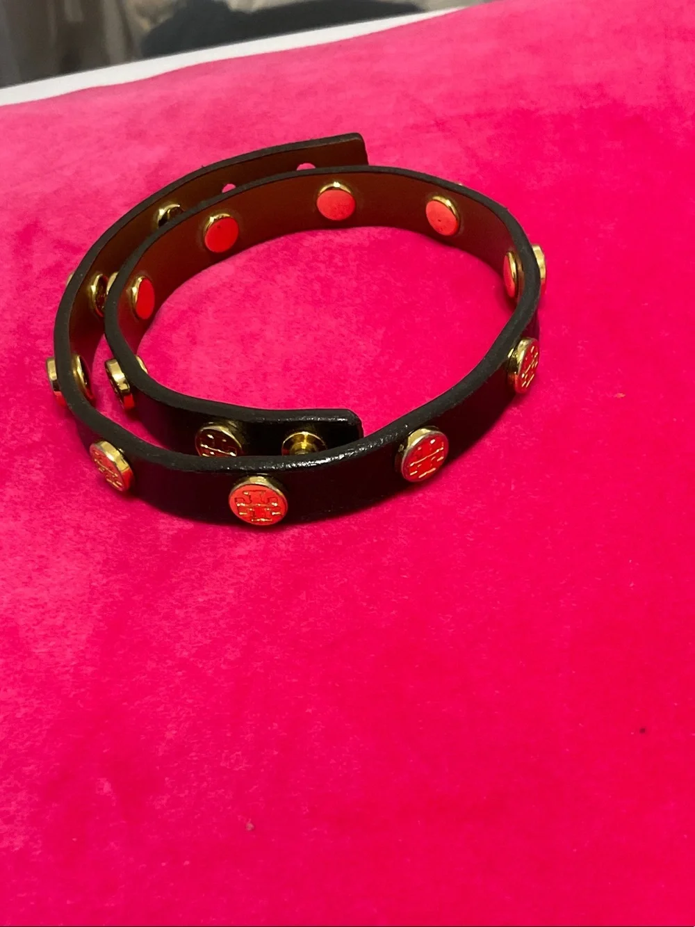 Tory Burch Black Leather Wrap Bracelet with Gold Studs